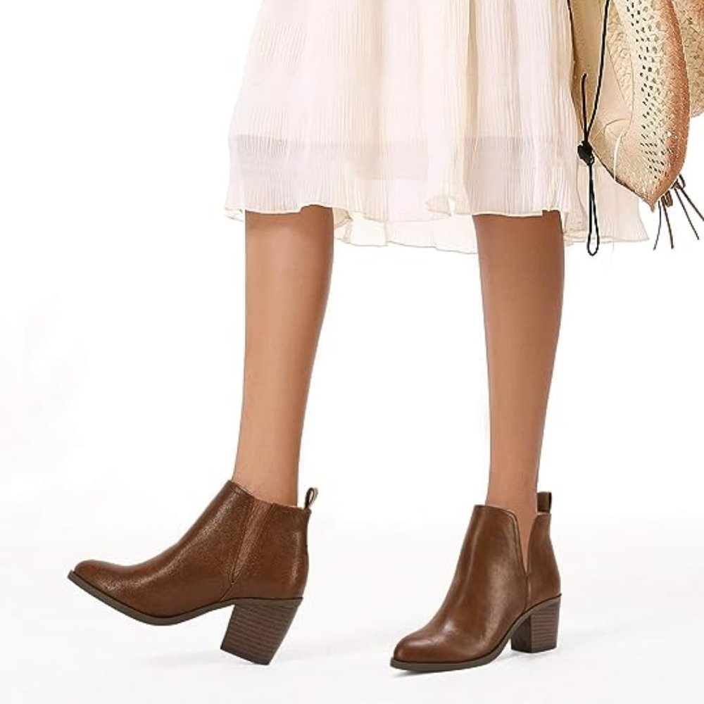 Womens Cut Out Ankle Boots Chunky Stacked Heel Almond Toe Slip on Western Bootie